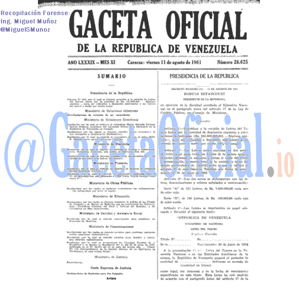 Gaceta Oficial 26625 del 11 Agosto 1961