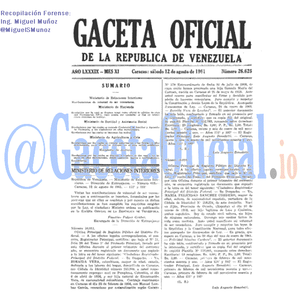 Gaceta Oficial 26626 del 12 Agosto 1961