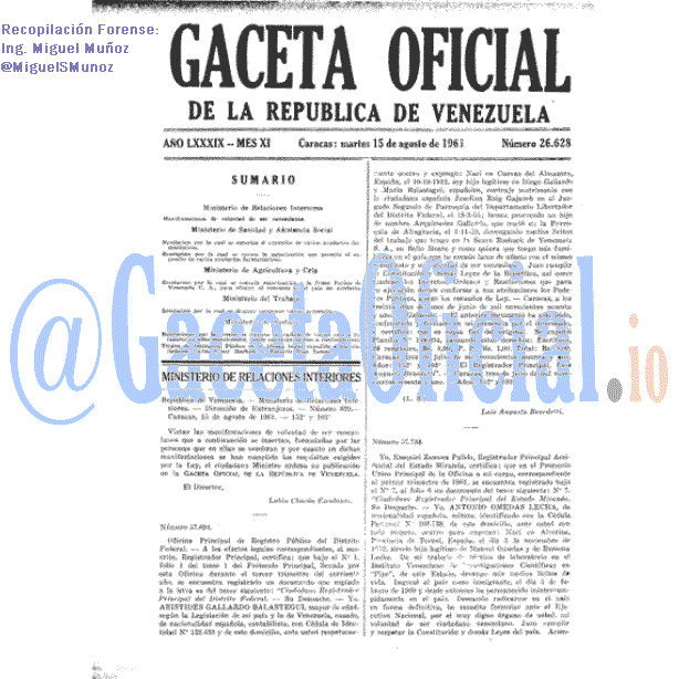Gaceta Oficial 26628 del 15 Agosto 1961