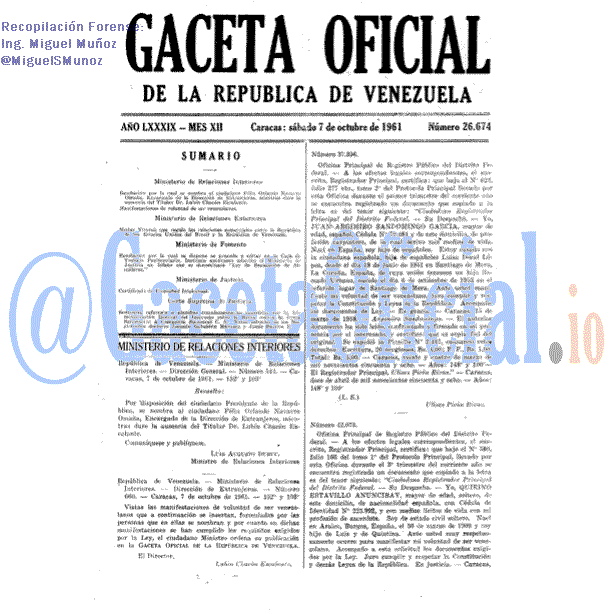 Gaceta Oficial 26674 del 7 Octubre 1961