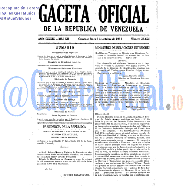 Gaceta Oficial 26675 del 9 Octubre 1961