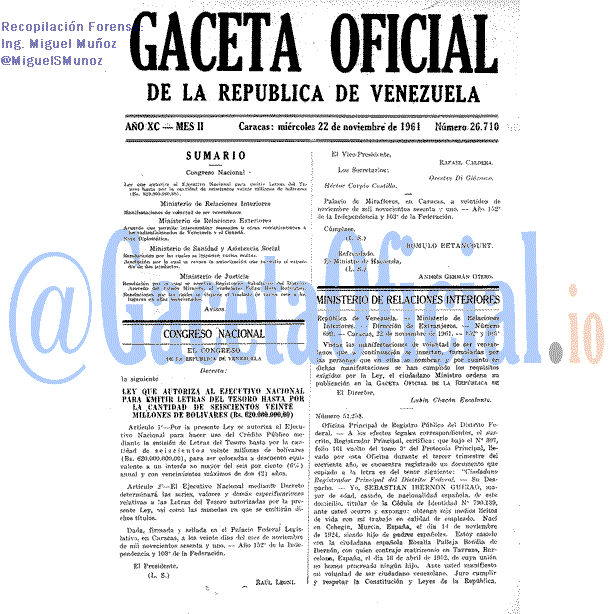 Gaceta Oficial 26710 del 22 Noviembre 1961