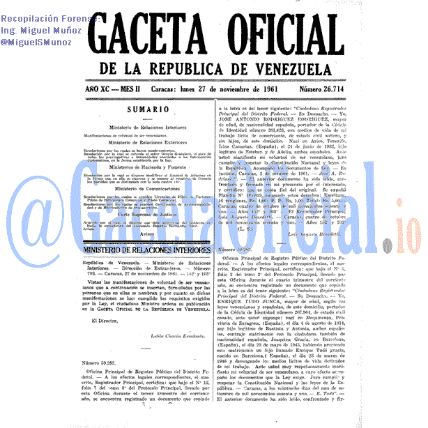 Gaceta Oficial 26714 del 27 Noviembre 1961