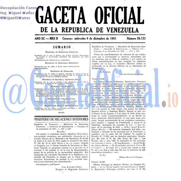 Gaceta Oficial 26722 del 6 Diciembre 1961