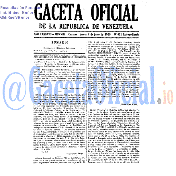 Gaceta Oficial 621 del 2 Junio 1960