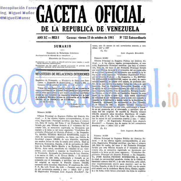 Gaceta Oficial 722 del 13 Octubre 1961