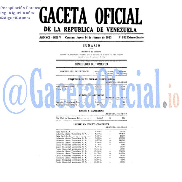 Gaceta Oficial 832 del 14 Febrero 1963