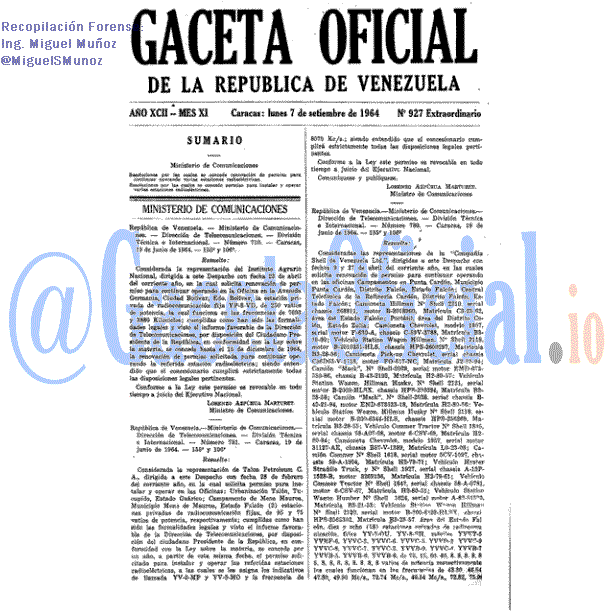 Gaceta Oficial 927 del 7 Septiembre 1964