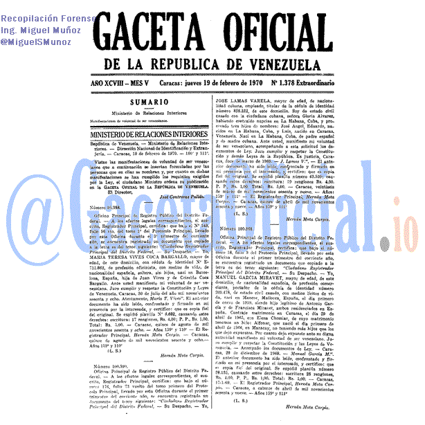 Gaceta Oficial 1378 del 19 Febrero 1970