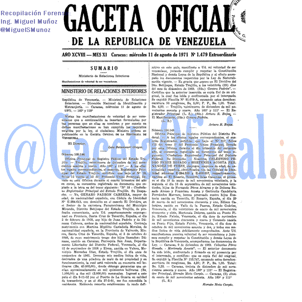 Gaceta Oficial 1479 del 11 Agosto 1971
