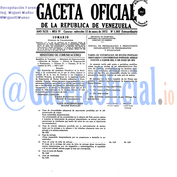 Gaceta Oficial 1503 del 12 Enero 1972