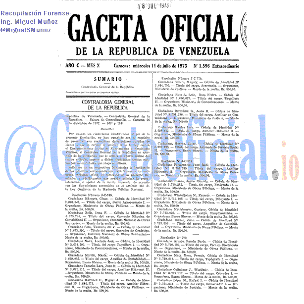 Gaceta Oficial 1596 del 11 Julio 1973