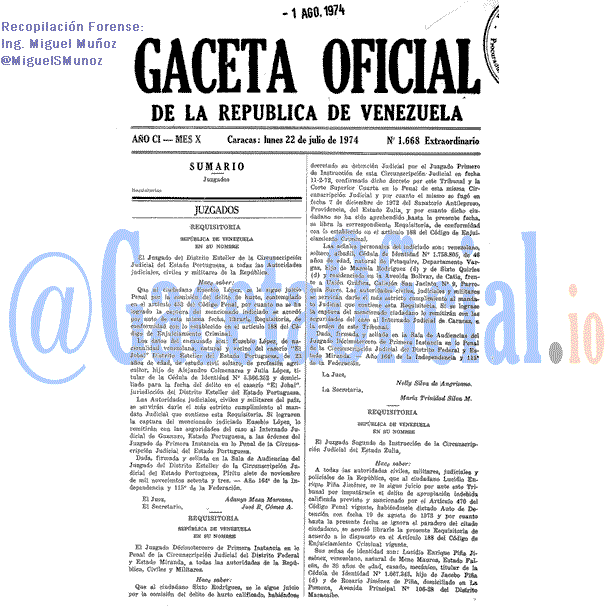 Gaceta Oficial 1668 del 22 Julio 1974