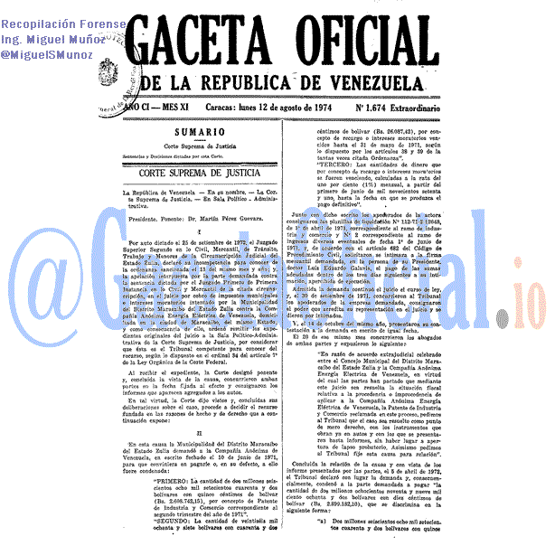 Gaceta Oficial 1674 del 12 Agosto 1974