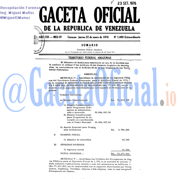 Gaceta Oficial 1808 del 22 Enero 1976
