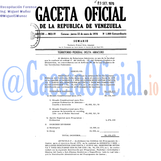 Gaceta Oficial 1809 del 22 Enero 1976