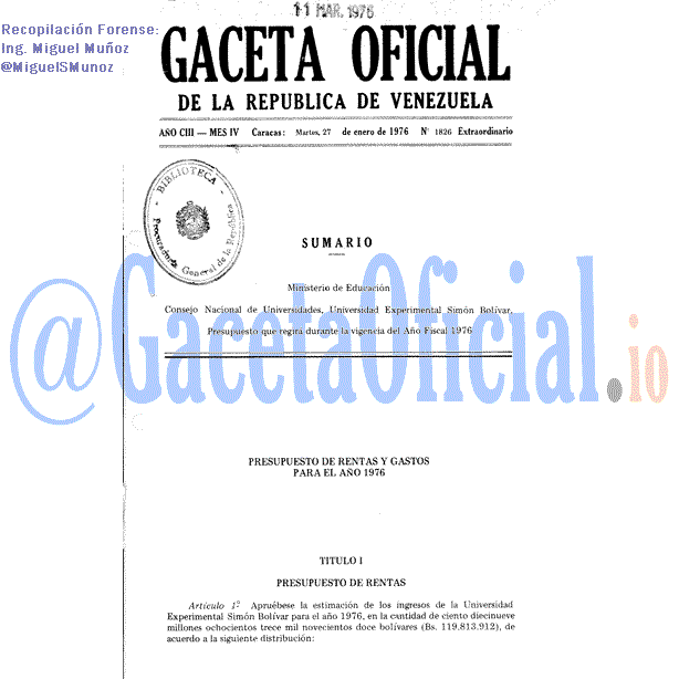 Gaceta Oficial 1826 del 27 Enero 1976