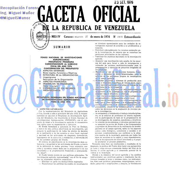 Gaceta Oficial 1831 del 27 Enero 1976