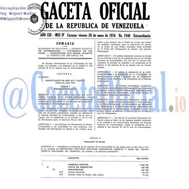 Gaceta Oficial 1846 del 30 Enero 1976