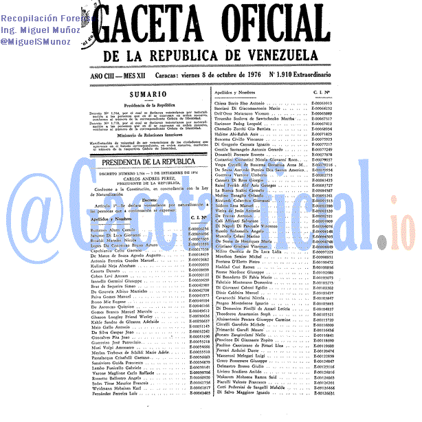 Gaceta Oficial 1910 del 8 Octubre 1976