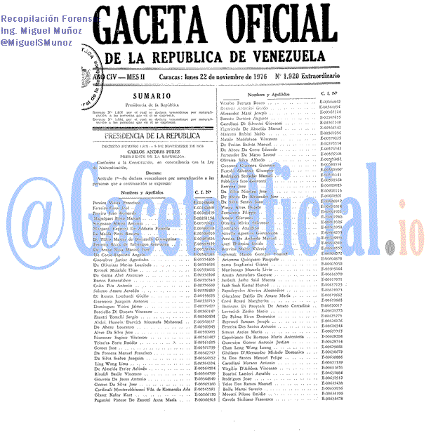 Gaceta Oficial 1920 del 22 Noviembre 1976