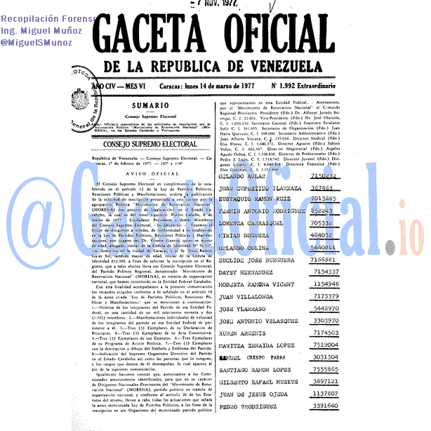 Gaceta Oficial 1992 del 14 Marzo 1977