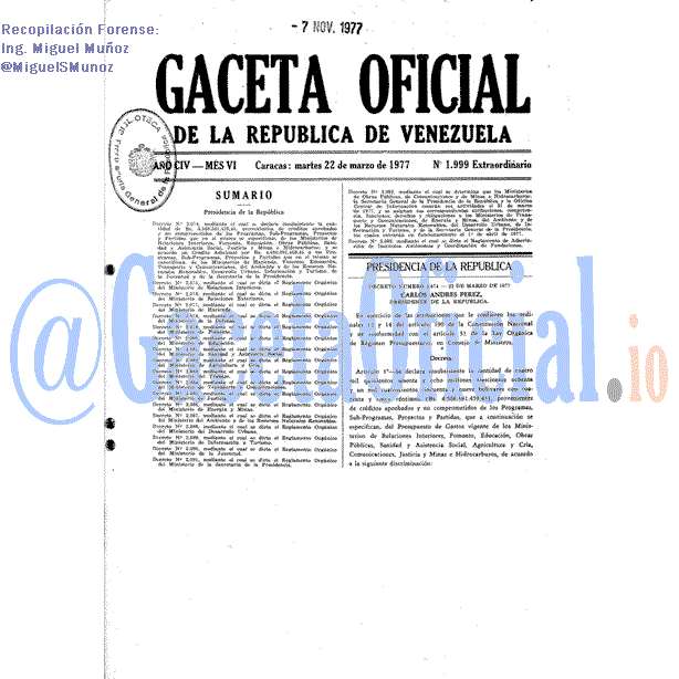 Gaceta Oficial 1999 del 22 Marzo 1977