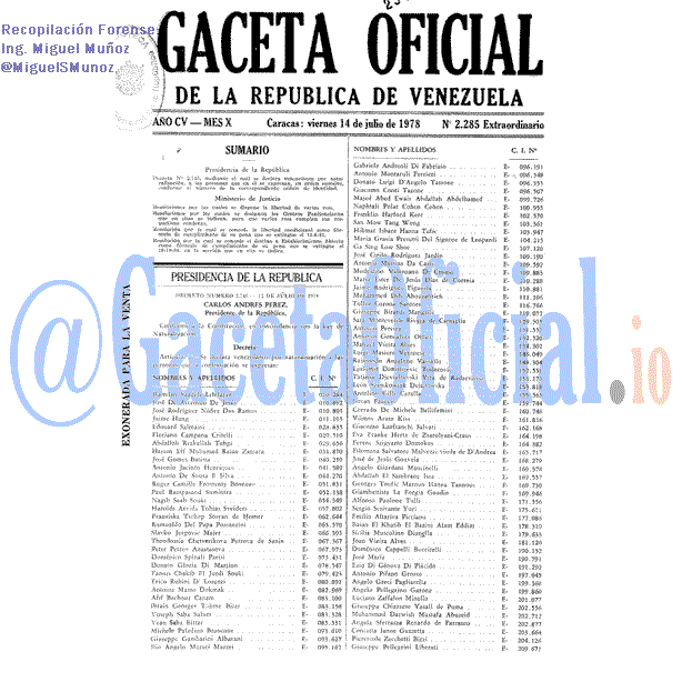 Gaceta Oficial 2285 del 14 Julio 1978