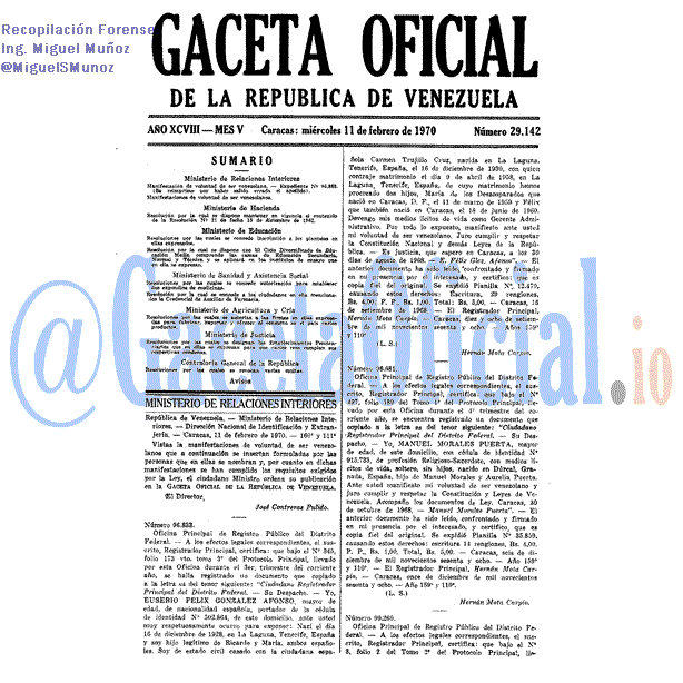 Gaceta Oficial 29142 del 11 Febrero 1970