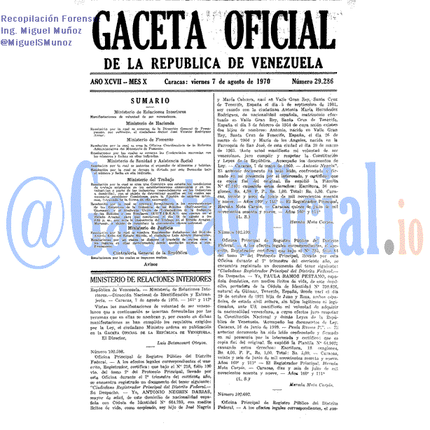 Gaceta Oficial 29286 del 7 Agosto 1970