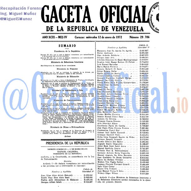 Gaceta Oficial 29706 del 12 Enero 1972