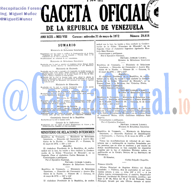 Gaceta Oficial 29818 del 31 Mayo 1972