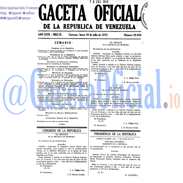 Gaceta Oficial 29850 del 10 Julio 1972