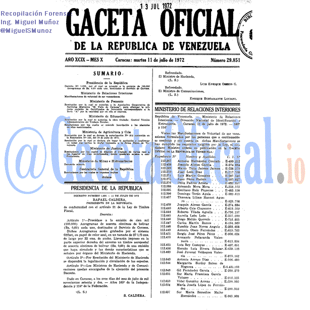 Gaceta Oficial 29851 del 11 Julio 1972