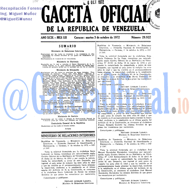 Gaceta Oficial 29922 del 3 Octubre 1972