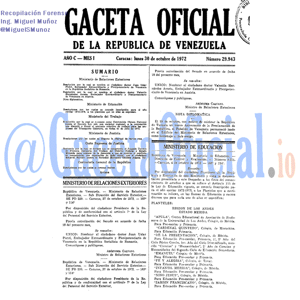 Gaceta Oficial 29943 del 30 Octubre 1972
