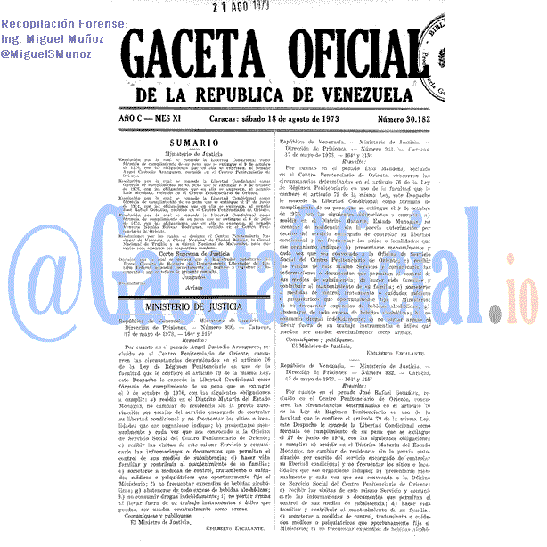 Gaceta Oficial 30182 del 18 Agosto 1973