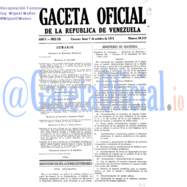 Gaceta Oficial 30219 del 1 Octubre 1973