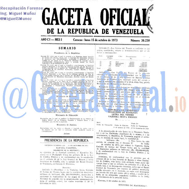 Gaceta Oficial 30230 del 15 Octubre 1973