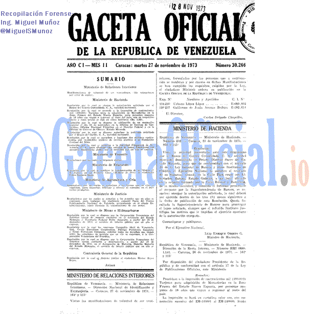 Gaceta Oficial 30266 del 27 Noviembre 1973