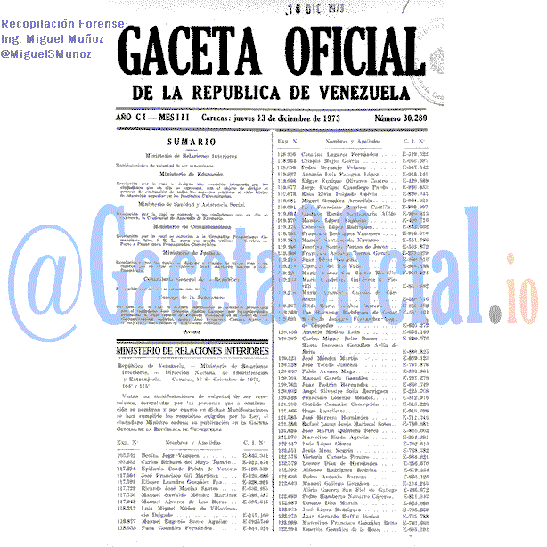 Gaceta Oficial 30280 del 13 Diciembre 1973