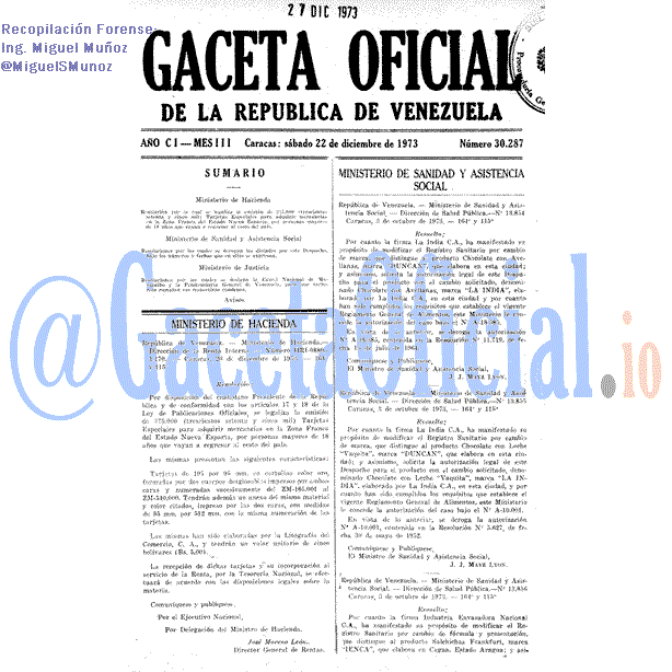Gaceta Oficial 30287 del 22 Diciembre 1973