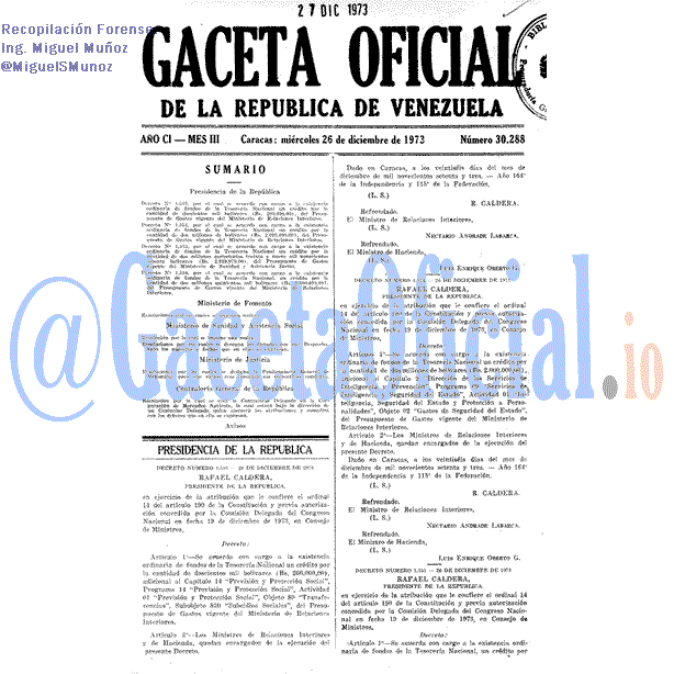 Gaceta Oficial 30288 del 26 Diciembre 1973
