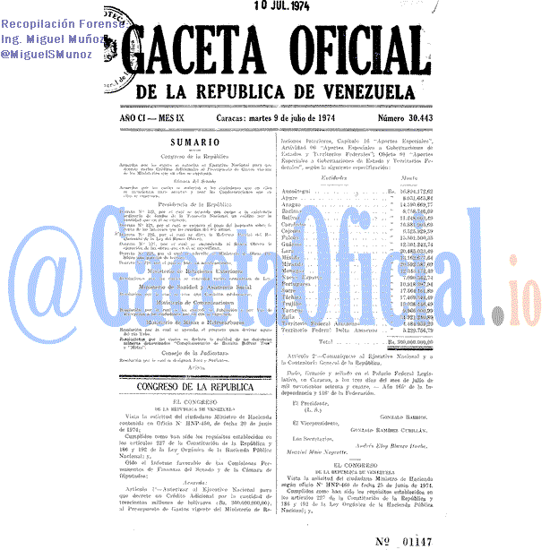 Gaceta Oficial 30443 del 9 Julio 1974