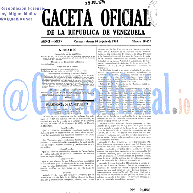 Gaceta Oficial 30457 del 26 Julio 1974
