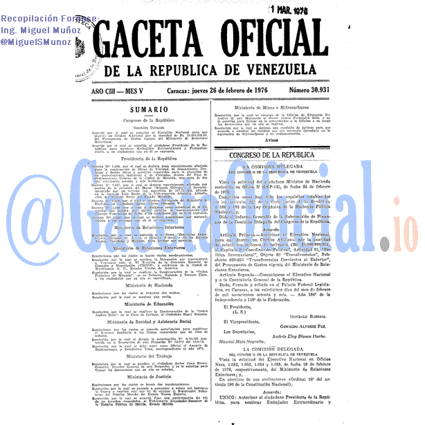 Gaceta Oficial 30931 del 26 Febrero 1976