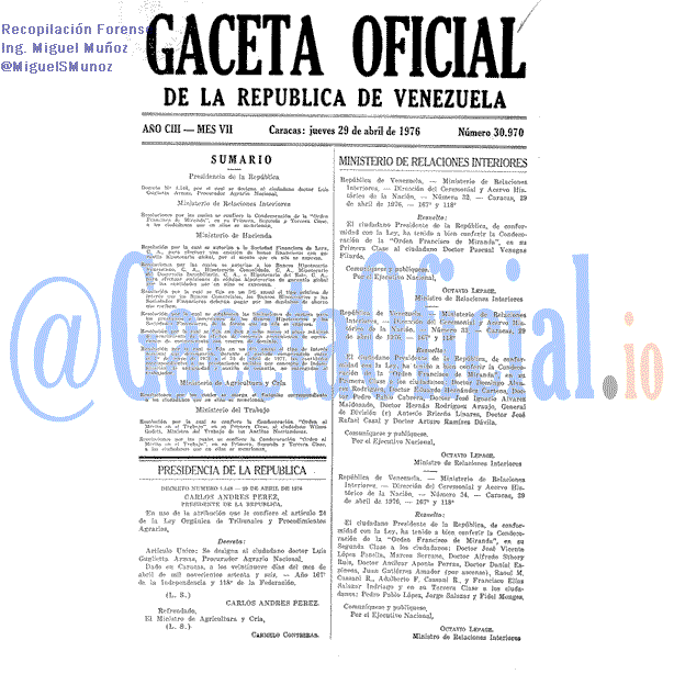 Gaceta Oficial 30970 del 29 Abril 1976