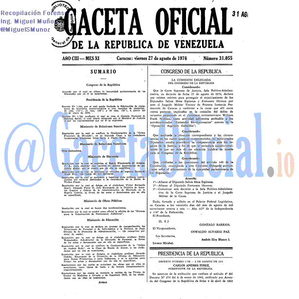 Gaceta Oficial 31055 del 27 Agosto 1976