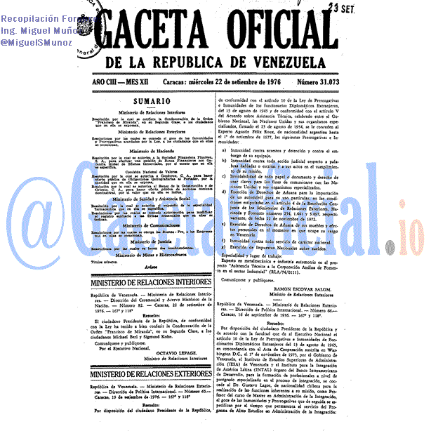 Gaceta Oficial 31073 del 22 Septiembre 1976