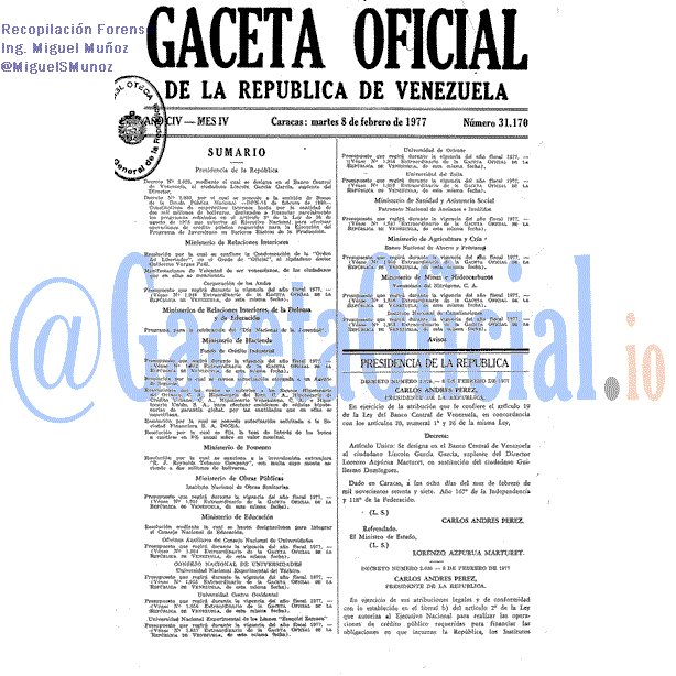 Gaceta Oficial 31170 del 8 Febrero 1977